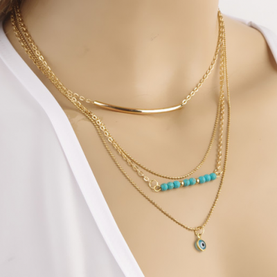 Faux Turquoise, Eye & Curved Bar Pendant Necklace