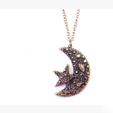 Textured Moon With Star Pendant Necklace on Luulla